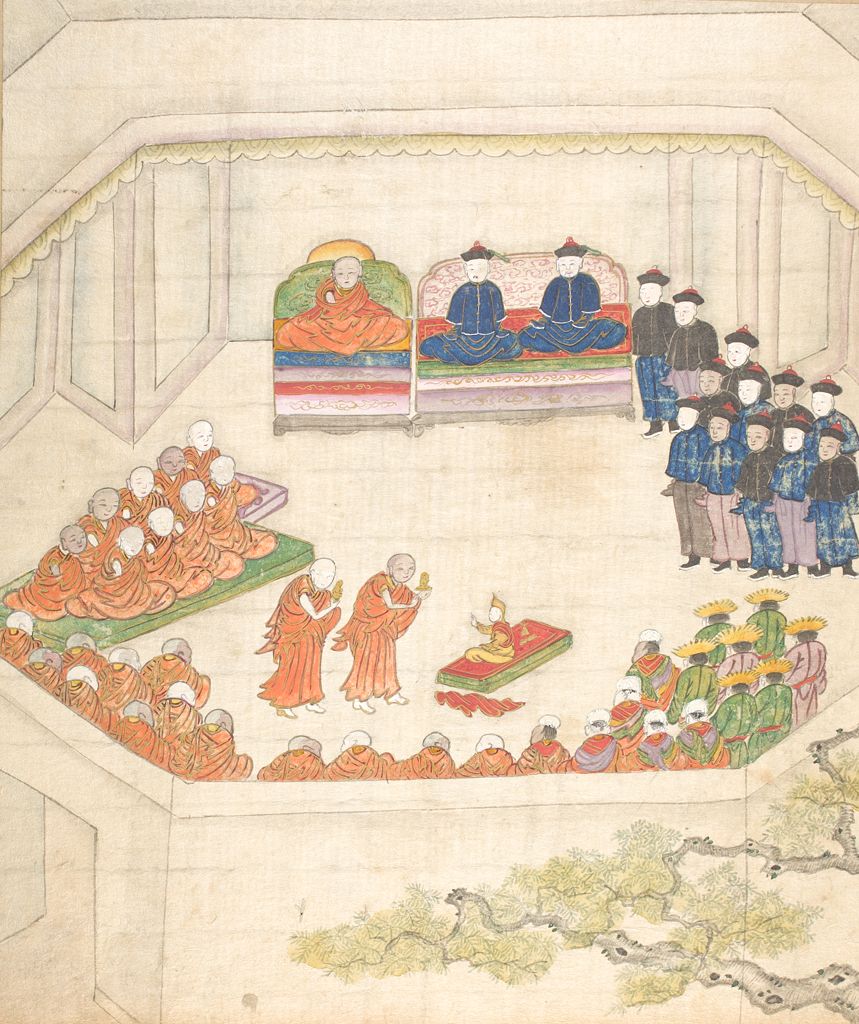 The painting from the Qing Era shows the Induction of the 9th Dalai Lama, Lungtok Gyatso, in 1808 as its watched by the Ambans and Qing officials on one side and by Tibetan Clergy and other Tibetans on the other side.