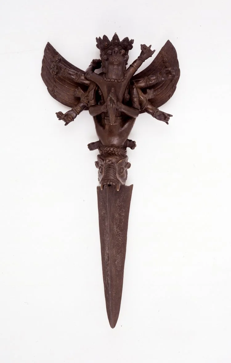 Phur-bu (part of), dagger (ceremonial). Snake design. Made of gilded bronze; also engraved iron-ladakh