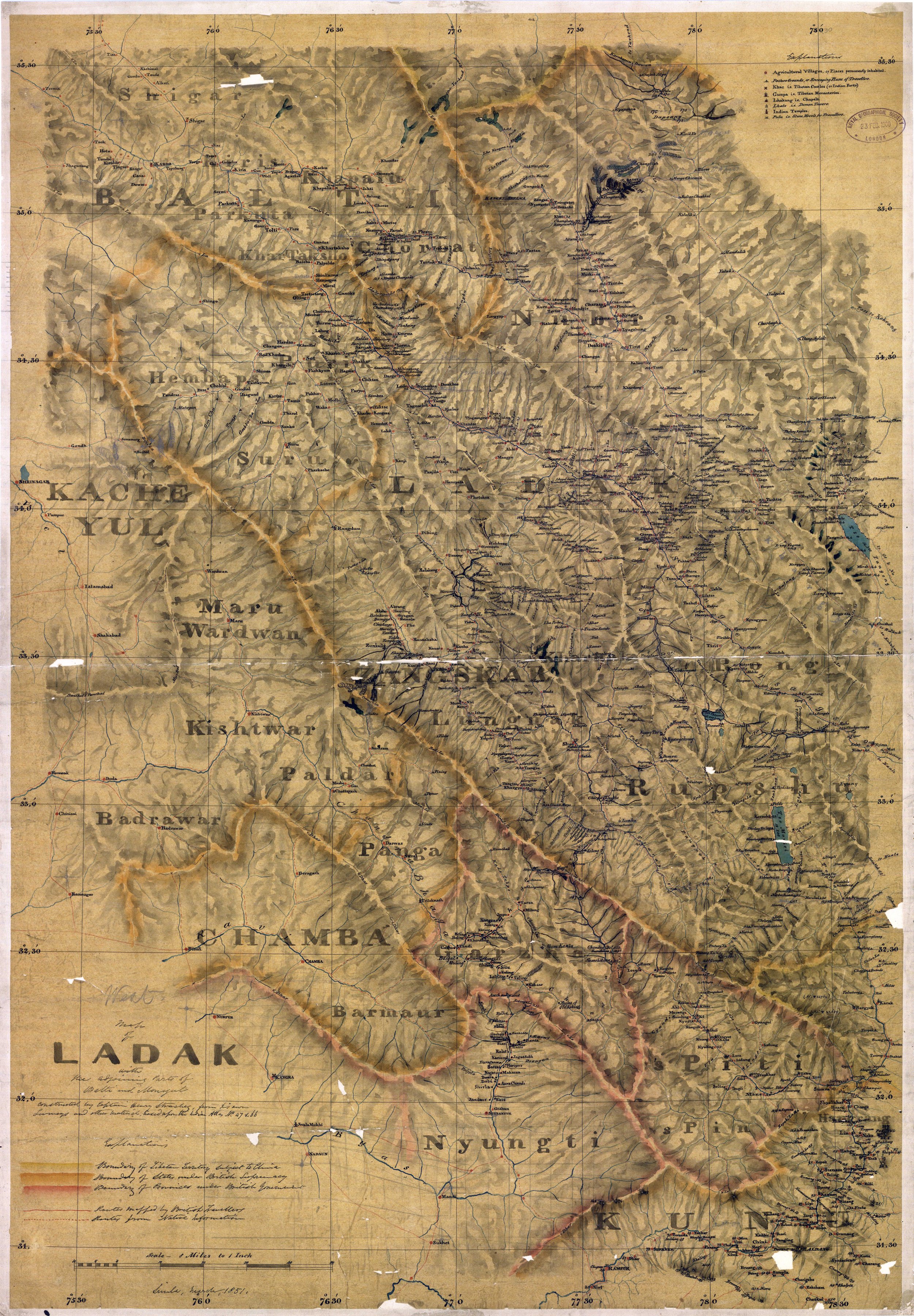 1851 Map of Ladak West with parts of Balti and Monyul by Strachey