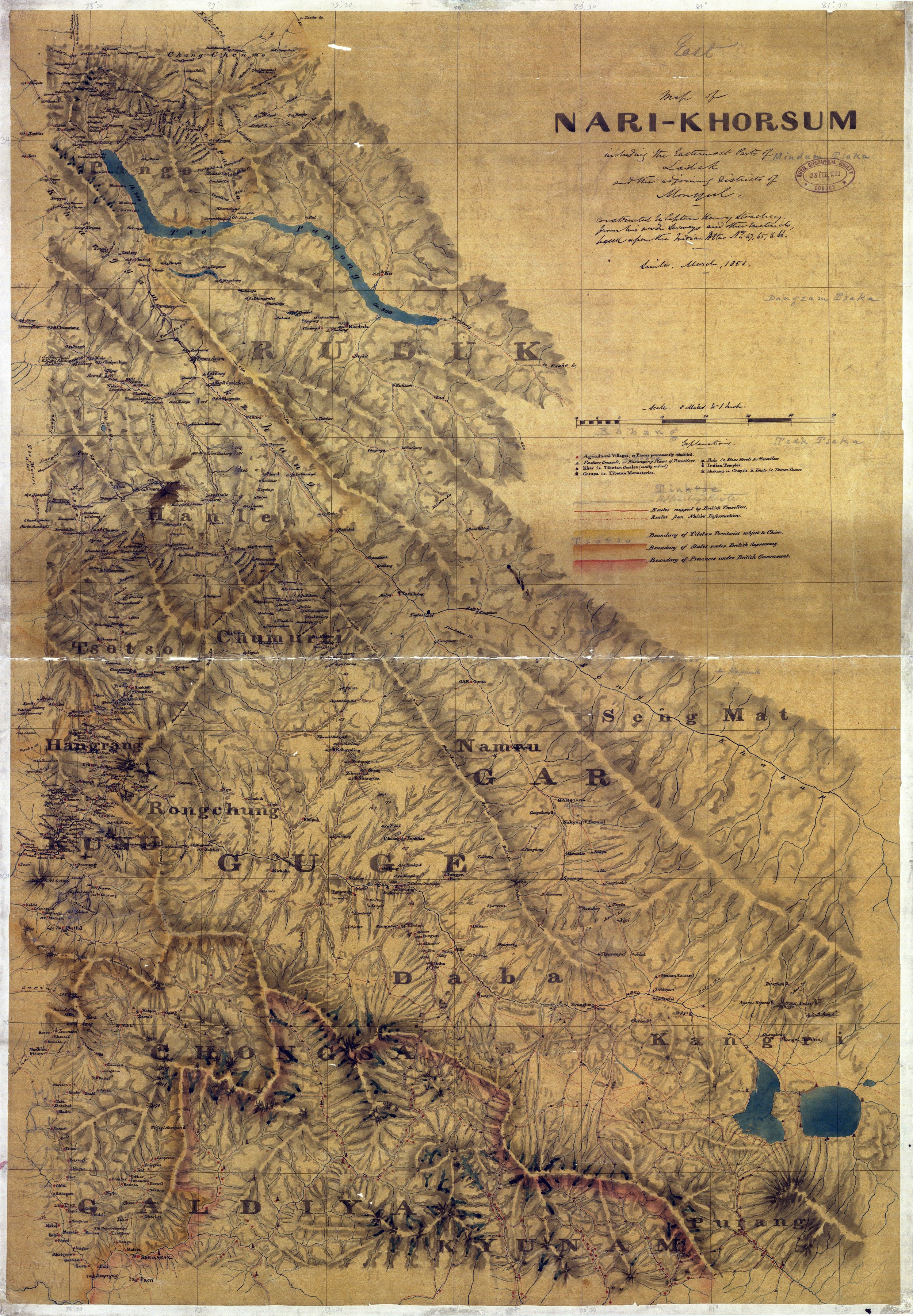 1851 Map of Ladak East with parts of Balti and Monyul by Strachey