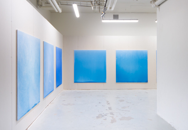 Installation view from Issues , Stockholm and the show Broad Daylight, until July 28, 2018. A series of new paintings, representing fluctuations in light during the summer solstice on June 21st, the eight blue paintings manifest time in a methodical manner yet through the impressions of the artist’s senses and memory.