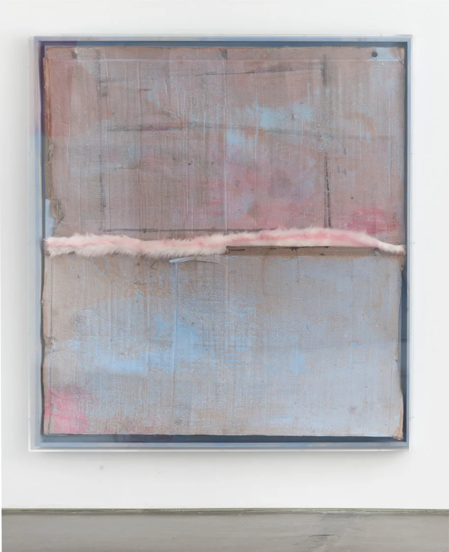 Untitled (Blue) , 2018, Cardboard, paint, pigment, plexiglass and faux fur, 204 x 189 x 9 cm Courtesy the artist Yves Scherer