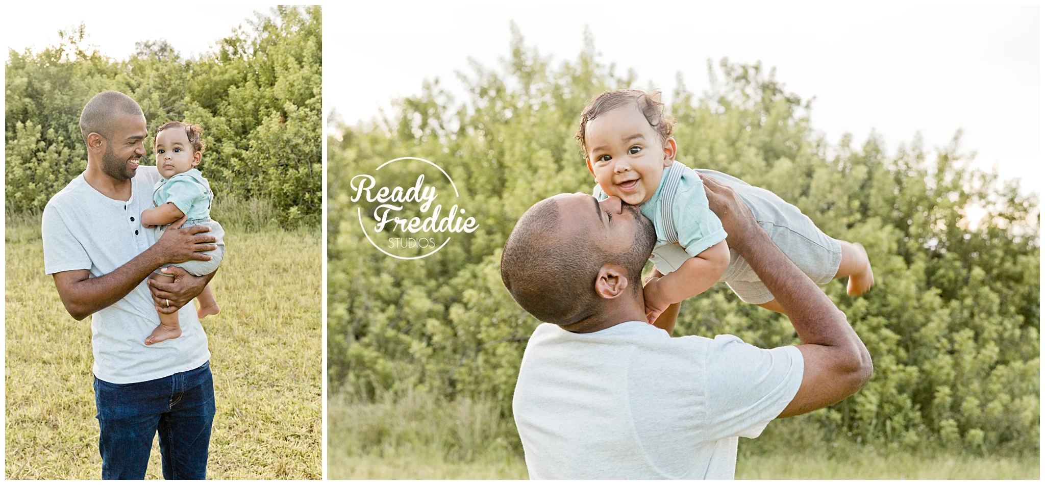 dad holding baby in the air and dad giving baby a kiss