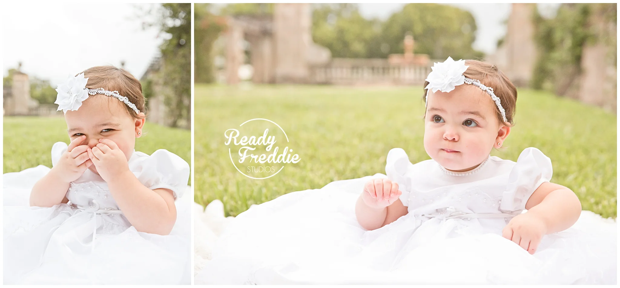 1 year old girl making funny faces in her baptism dress