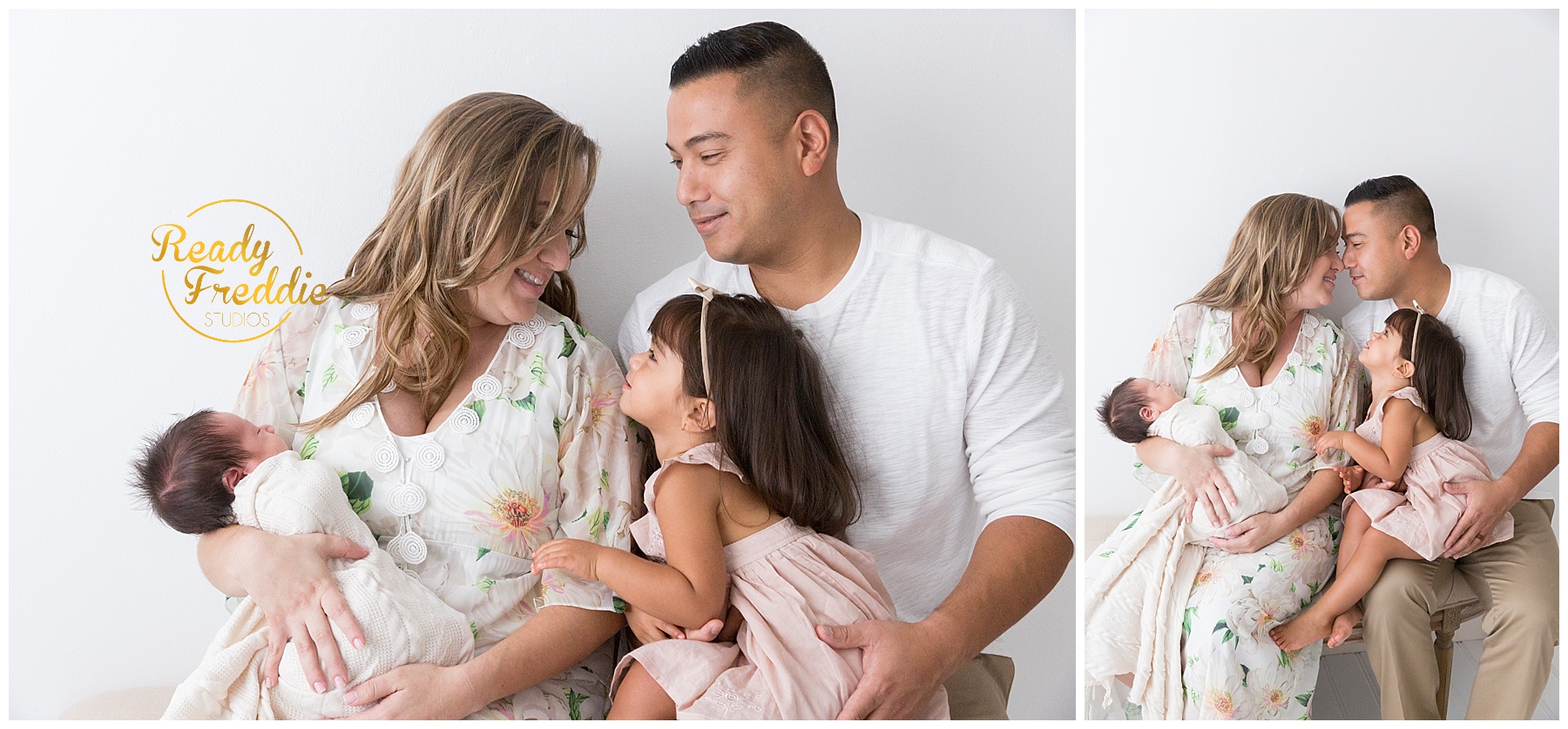mom holding newborn baby while looking at dad and daughter