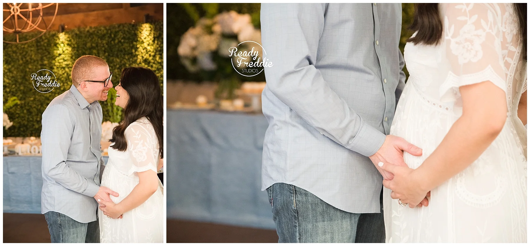 couple hosting there baby shower at perricones in brickell holding hands and laughing