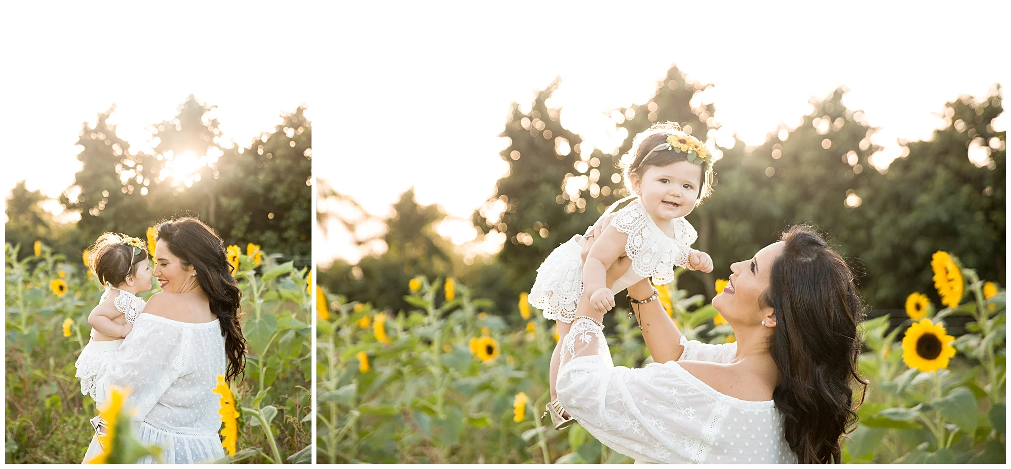 Mother with 9 month old daughter smiling and giving eskimo kisses at a sunflower field during their motherhood session with Ready Freddie Studios in Miami FL