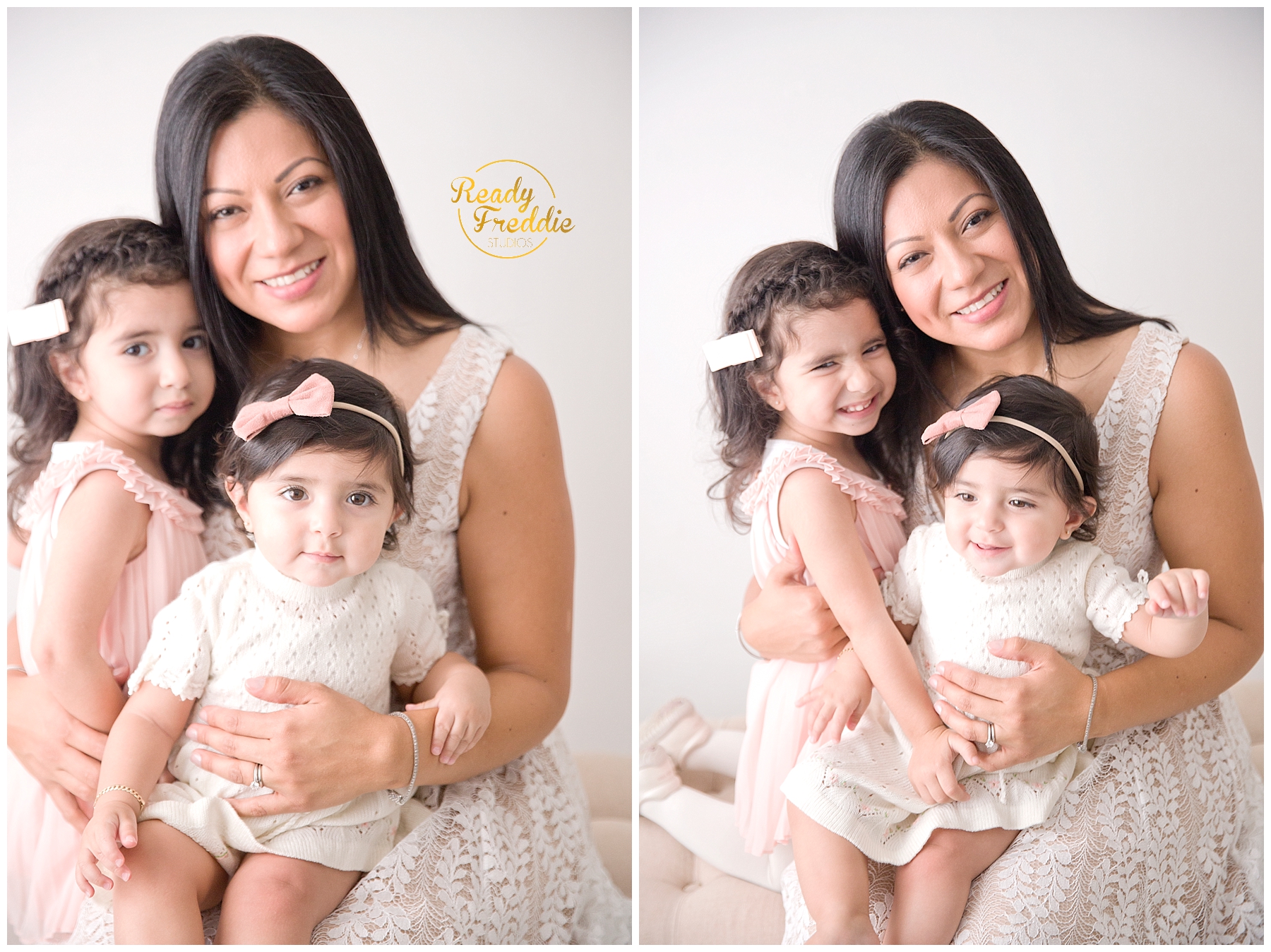 Mom holding both her daughters smiling and enjoying her session in Miami Photo Studio