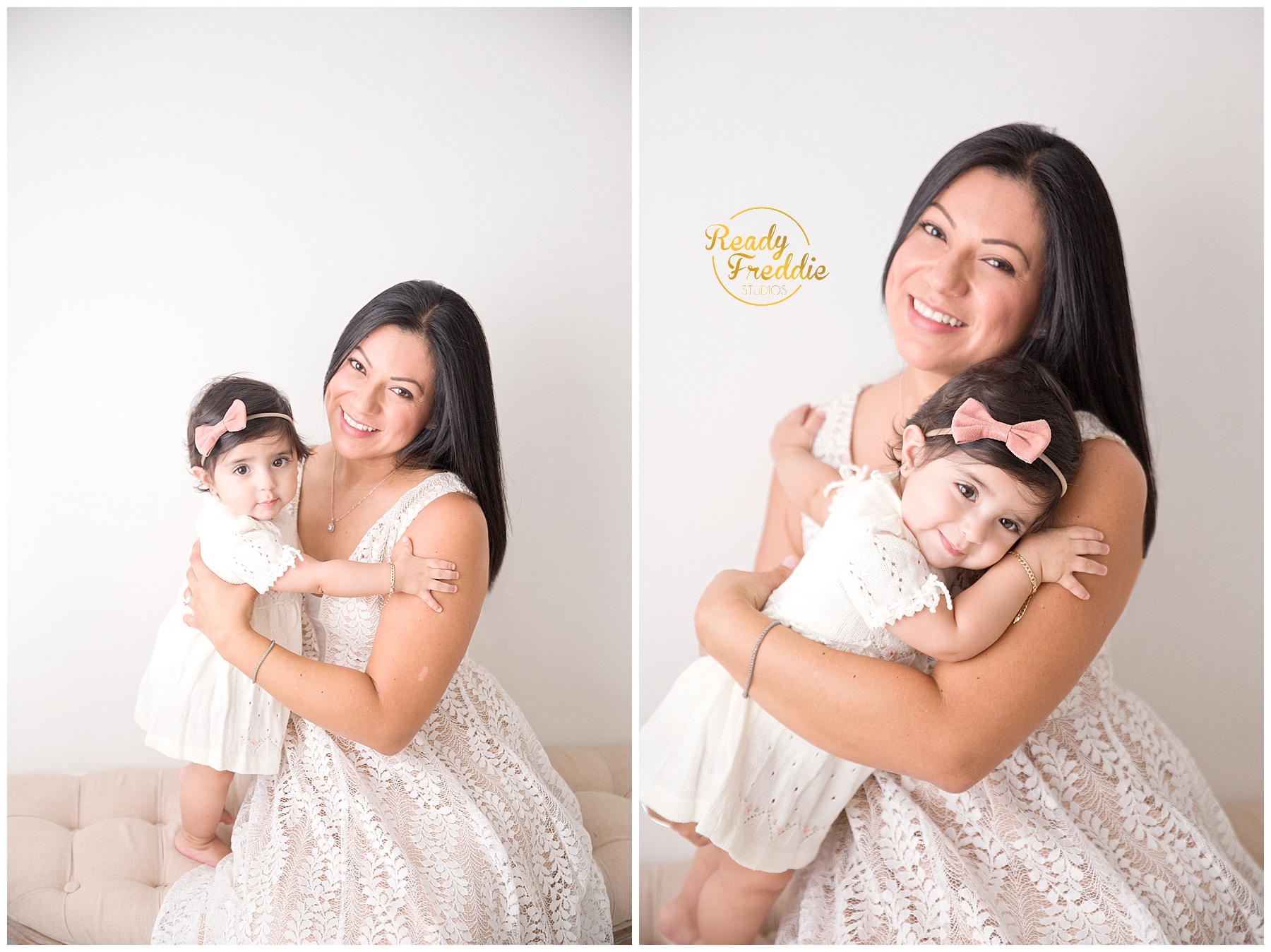 Mommy and me pictures with mother holding daughter during session at luxury miami studio