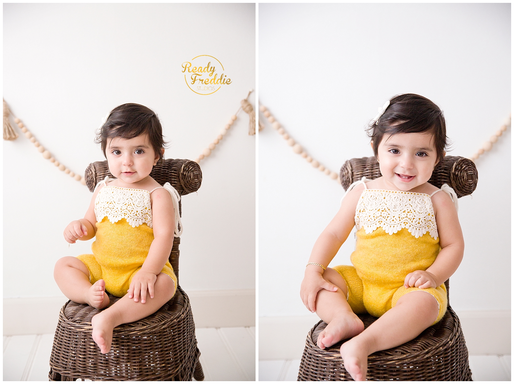 Girl sitting on chair for her one year photos in Miami FL photography studio