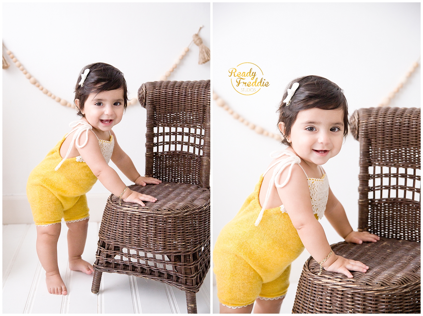 One year old standing next to chair taking her first year photos in South FL photo studio