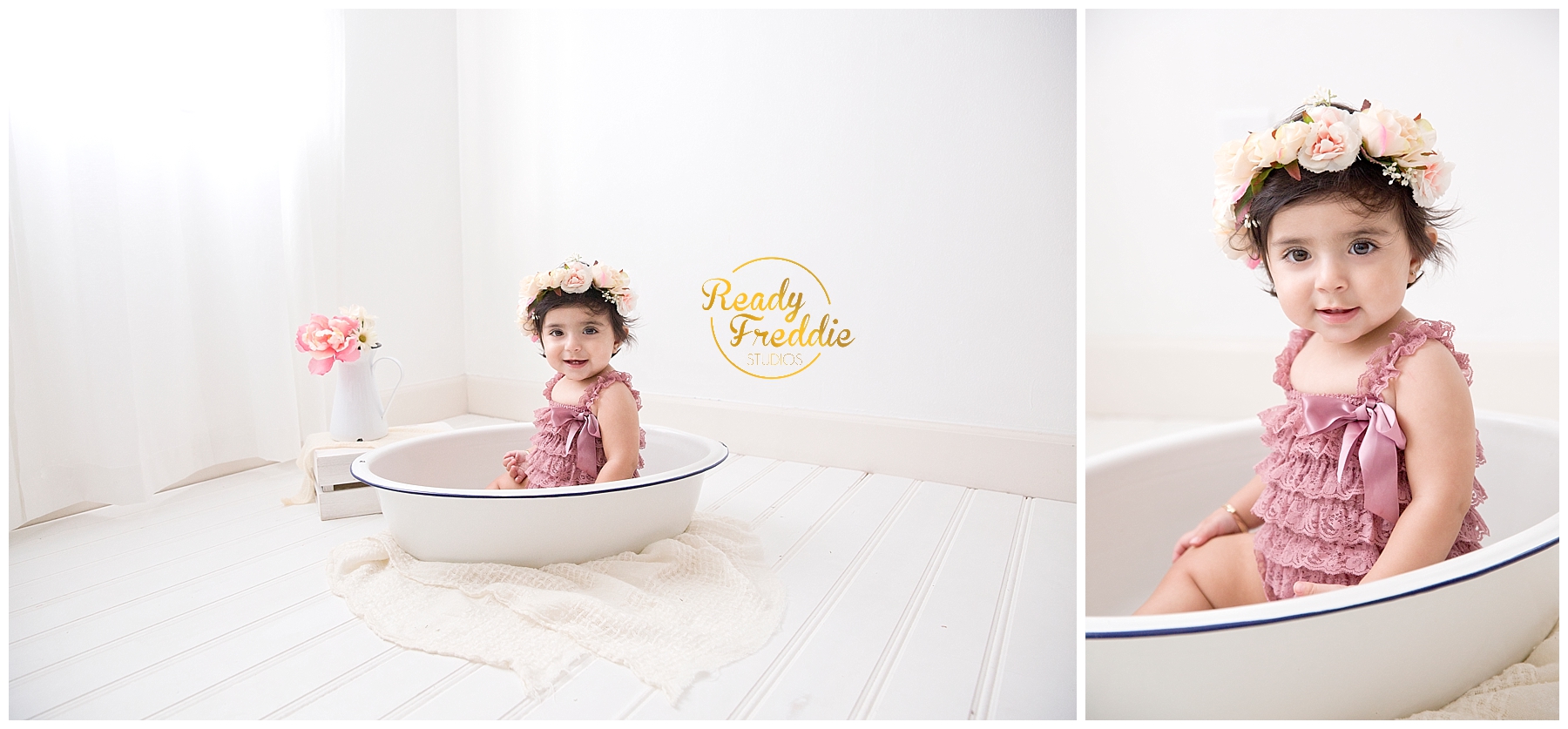 First year pictures girl with floral crown in enamel bath tub in natural light photography studio in Miami FL