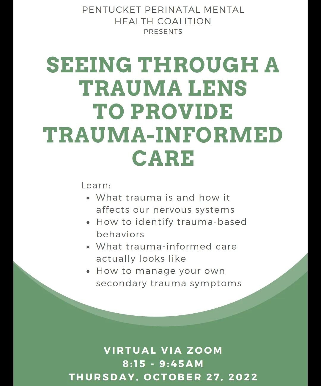 Are you a provider in the area working with the Perinatal population? We will be hosting a free virtual mini workshop on trauma-informed care + managing secondary trauma led by Beth Brown!

DM us to rsvp + for the zoom link!