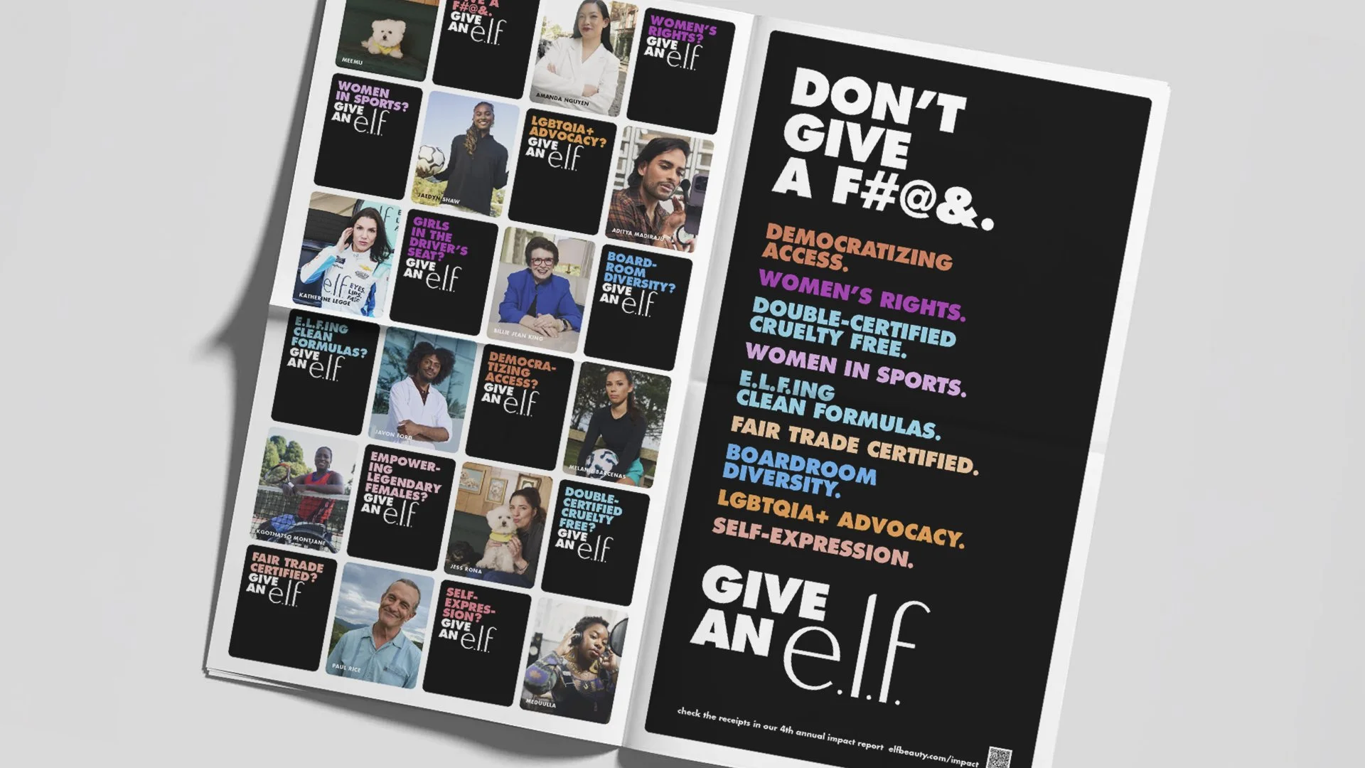  The campaign brings together a constellation of collaborators who partner with e.l.f. to bring their values to life, from Billie Jean King to Amanda Nguyen to Jess Rona. Each changemaker stares down the camera, asking what you give an e.l.f. about. 