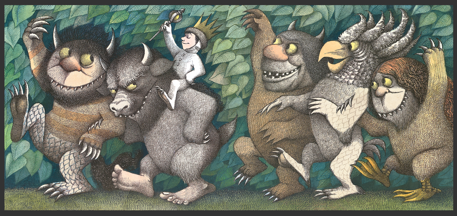 watercolor and ink illustrations of fantastic monsters as created by Maurice Sendak in the book Where the Wild Things Are