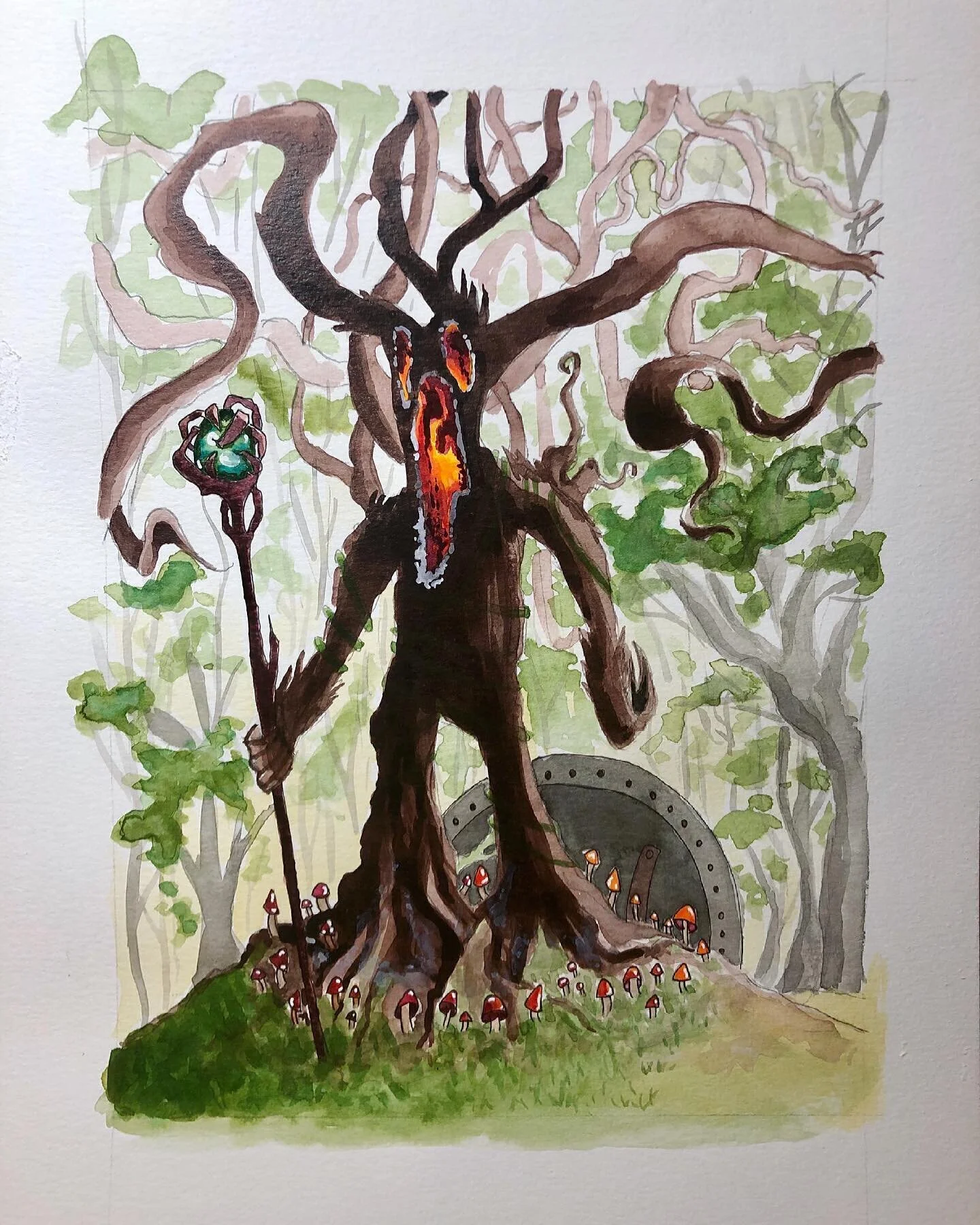 ✨throwback tuesday✨ “The Guardian” (India ink on paper) This character is from an ongoing project that will someday hopefully see the light of day. I love doing fantasy/nature art. The burning wood texture in this piece was probably the m