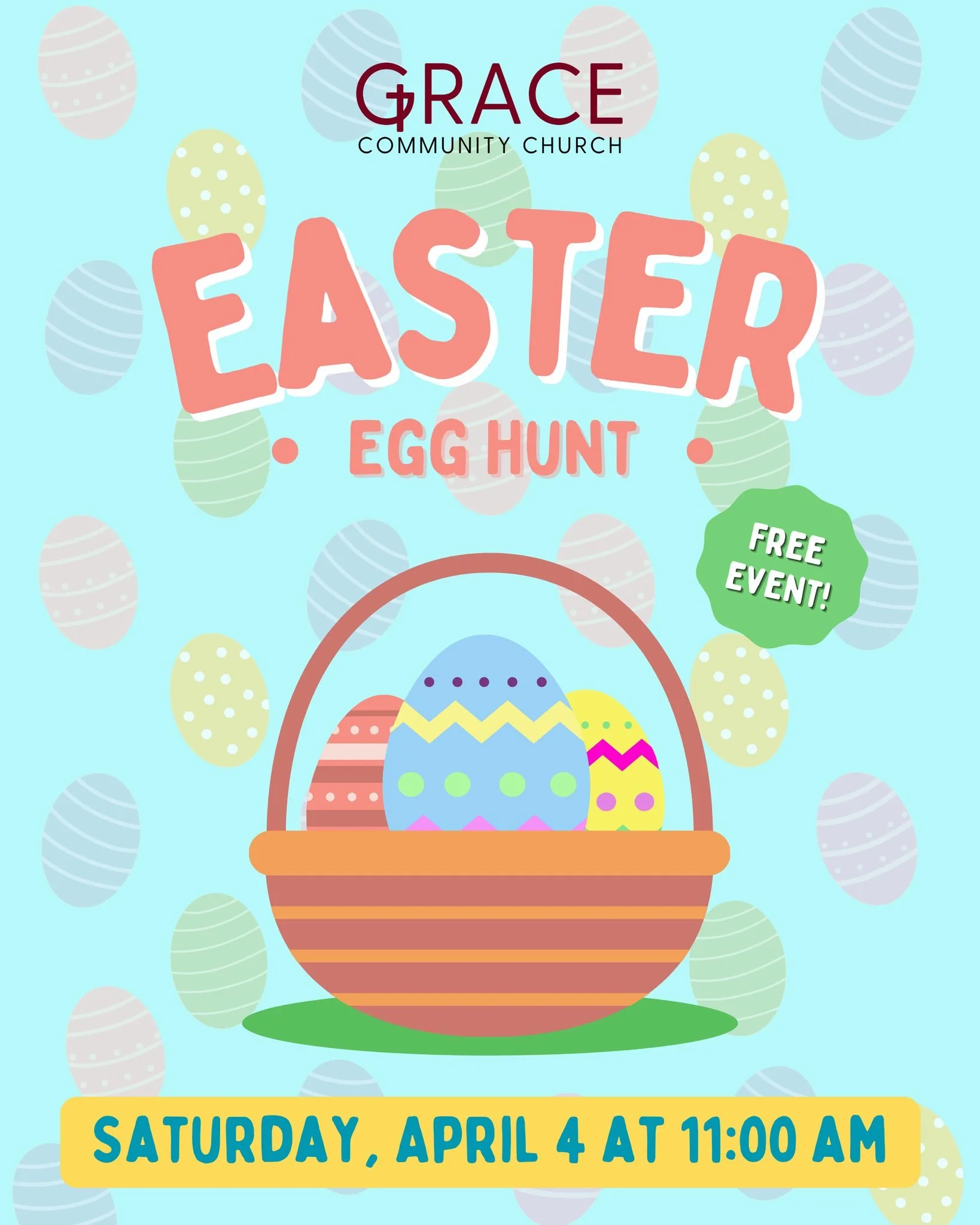 🐣🌷 Join us for our Annual Easter Egg Hunt! 🌷🐣

Mark your calendars for Saturday, April 4 at 11:00 AM and bring the whole family for a morning full of fun!

✨ Free event
🥚 Age-group egg hunt (toddlers&ndash;5th grade)
🎨 Crafts, snacks &amp; acti