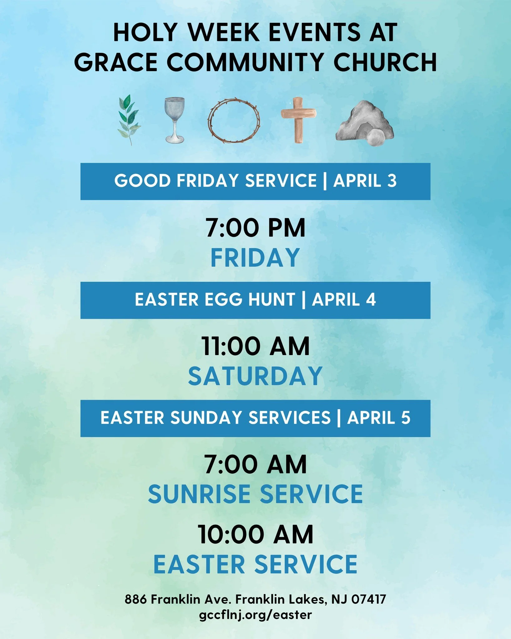 We would love for you to join us for Holy Week!

✝️ Good Friday &mdash; Friday, April 3 at 7:00 PM
🥚 Easter Egg Hunt &mdash; Saturday, April 4 at 11:00 AM
🌅 Easter Sunday &mdash; Sunday, April 5
&bull; Sunrise Service at 7:00 AM (Continental Breakf