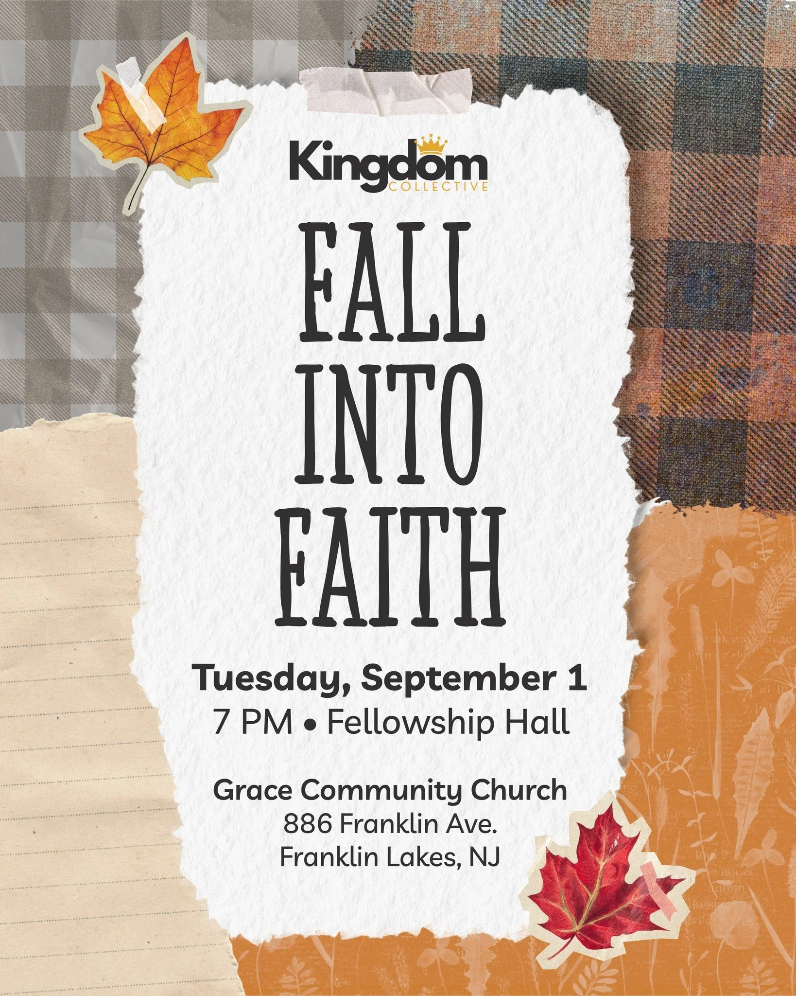 🍂 Fall into Faith with Kingdom Collective! 🍂

Young adults, come hang out with us TOMORROW NIGHT at 7:00 PM in Fellowship Hall! 🙌

We&rsquo;ll have plenty of fun, games, snacks, fellowship, and a devotional as we kick off September together! Wheth