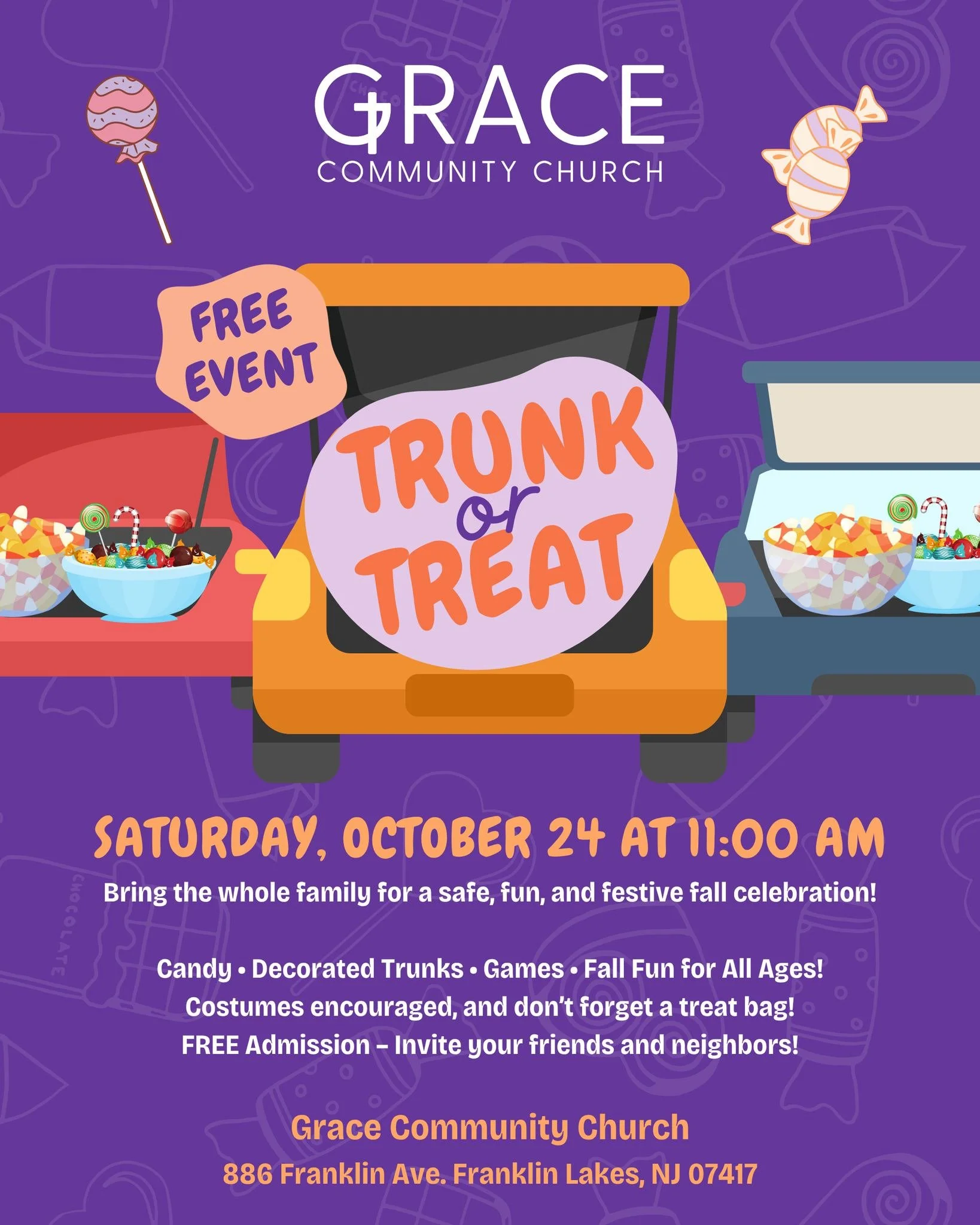 🎃 Trunk-or-Treat at Grace Community Church! 🎃

📅 Saturday, October 24 &middot; 11:00 AM
📍 886 Franklin Ave, Franklin Lakes, NJ

Bring the whole family for a safe, fun, and festive fall celebration! 🍁
👉 Candy &bull; Decorated Trunks &bull; Games