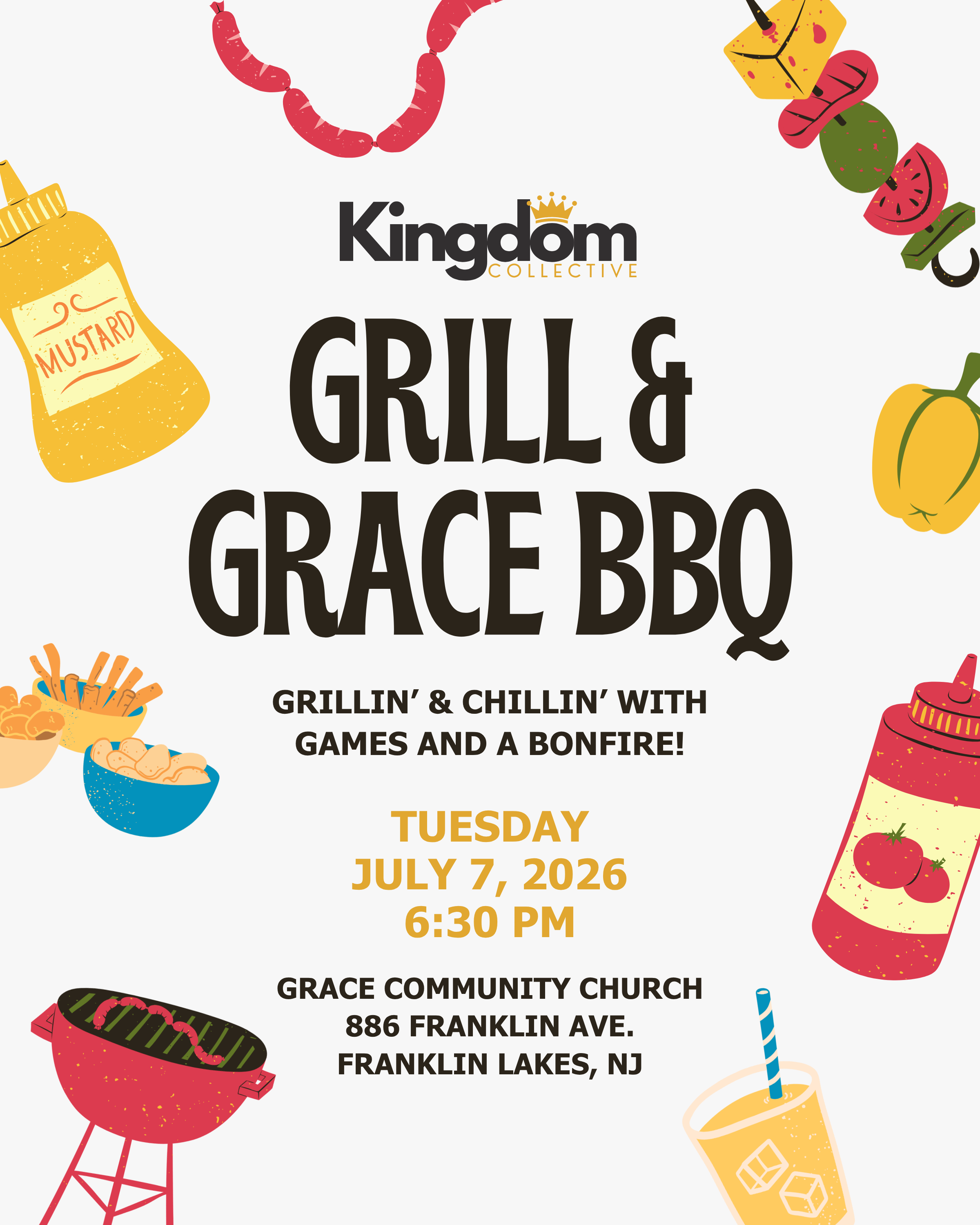Flyer for Kingdom Collective's grill and BBQ event featuring illustrations of condiments, food, and drinks, with details about the event date, time, and location.