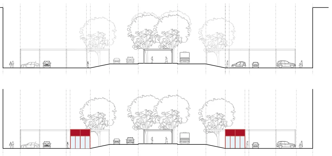 top: Existing section through Midsummer Boulevard bottom: Proposed section through Midsummer Boulevard