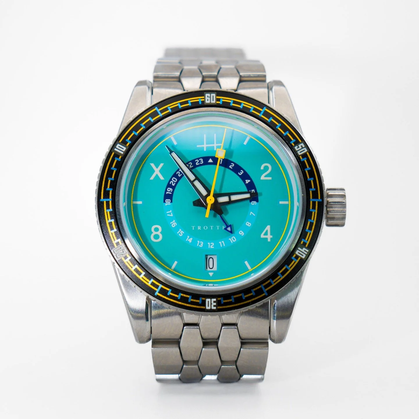 &mdash;Trotter GMT: Aqua dial w/Steel coffin-link bracelet

Wanted to show one with the white background! 🔥