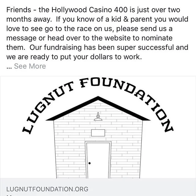 We need your help!!! Please visit our website for more information LugnutFoundation.org #nascar #hollywoodcasino400 #kansasspeedway #kansascity