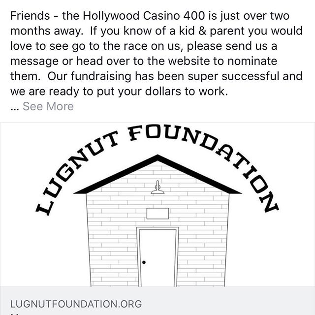 We need your help!!! Please visit our website for more information LugnutFoundation.org #nascar #hollywoodcasino400 #kansasspeedway #kansascity