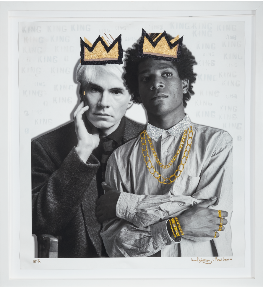 Gold Kings: Andy & Basquiat Pimped Out With Original photograph of Jean Michel Basquiat by deceased Brad Branson mixed media, photography, stencil gold acrylic spray paint, 24 karat gold leaf, gold dust 43" x 39.5"
