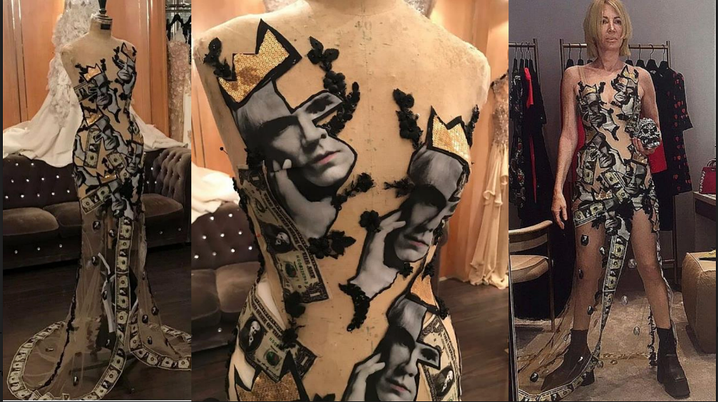A unique ART GOWN created by NABIL HAYARI using art by KAREN BYSTEDT with a unique ANDY DOLLAR TRAIN.