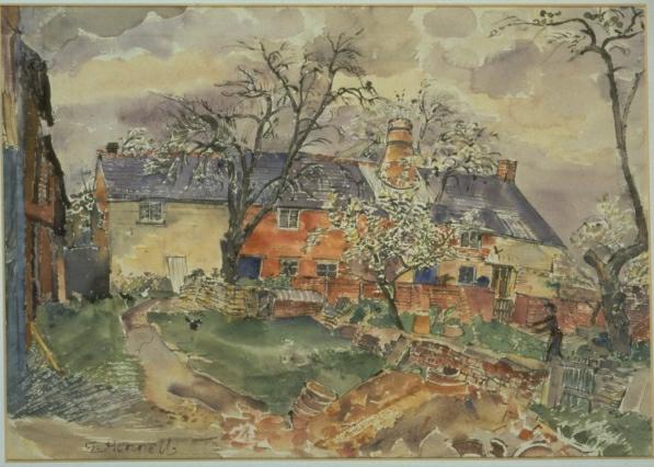 This picture was painted by Thomas Hennell in the 1930s. Notice the chimney of the bottle kiln popping out of the roof of the house/workshop. Image courtesy of Matt Grimmitt.