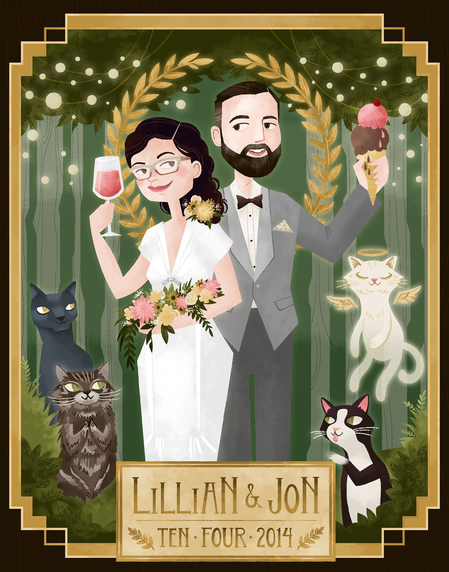 An anniversary portrait honoring a couple's many cats.