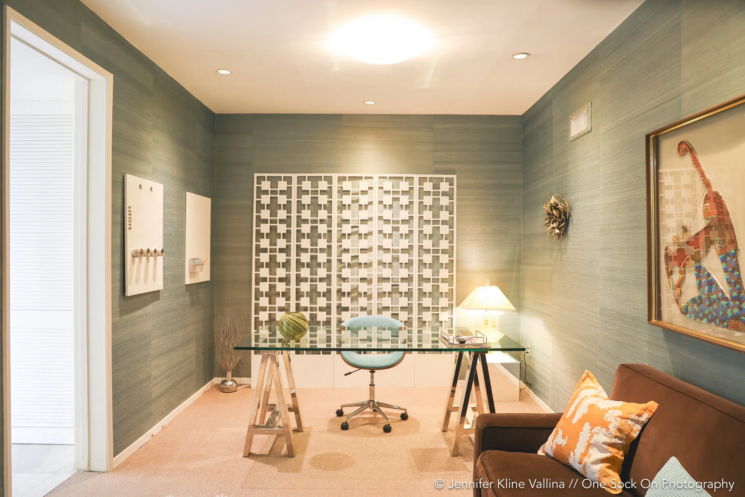 home office palm springs light teal wallpaper geometric wall art breeze blocks MCM
