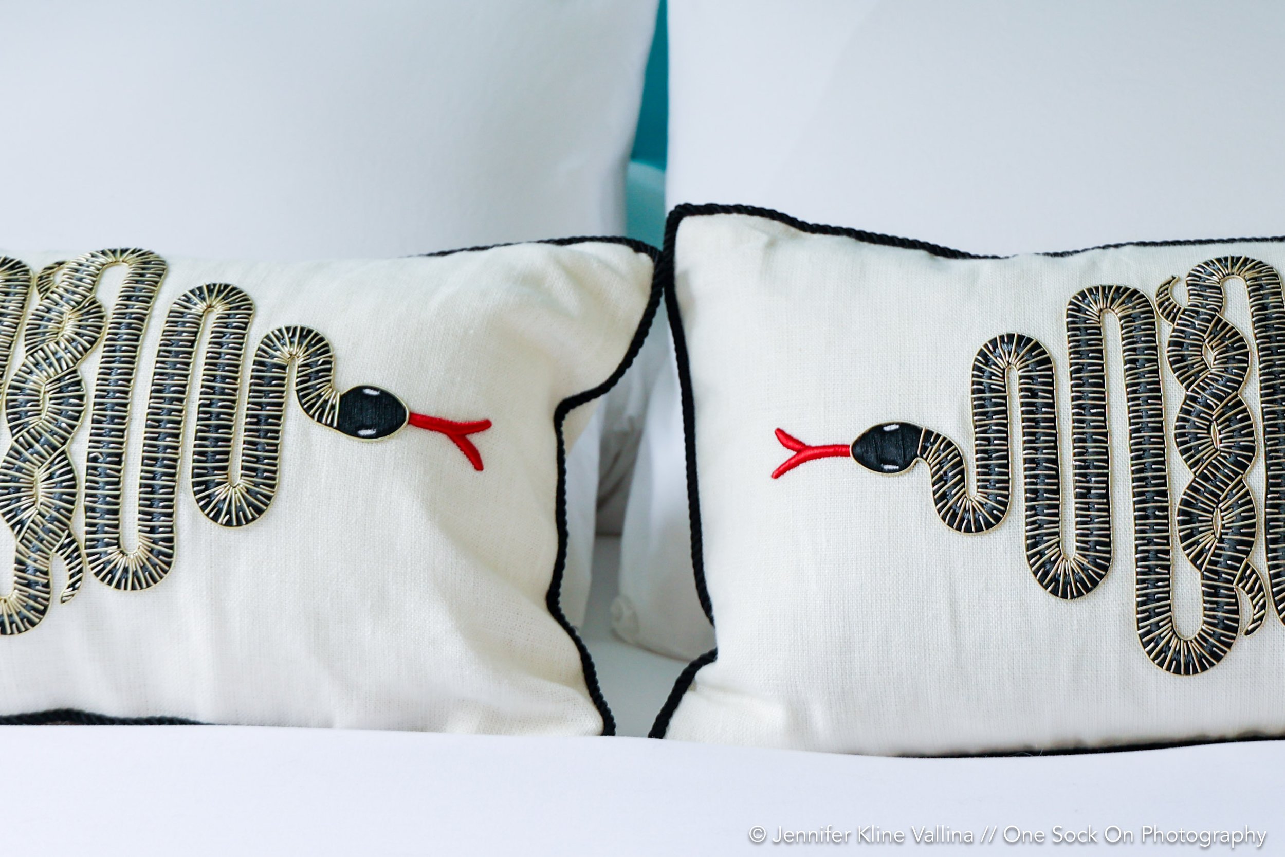 snake embroidered bed pillows interior design