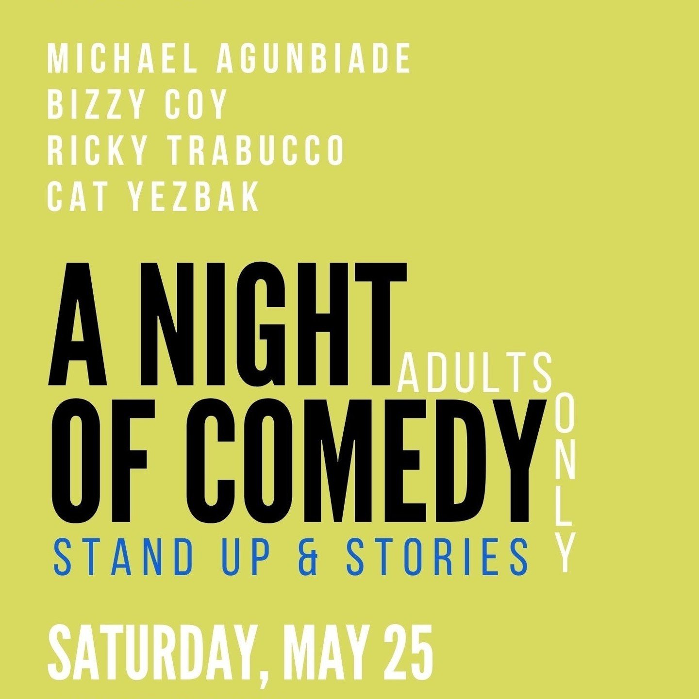 🎟️ Tickets now on sale! 

🎙️ A night of comedy, stand-up, and captivating stories by the talented Michael Agunbiade, Bizzy Coy, Ricky Trabucco, and Cat Yezbak. 

Don't miss out on a fun-filled evening Saturday, May 25 at 7 pm! 
 
📍 Tusten Theatre,
