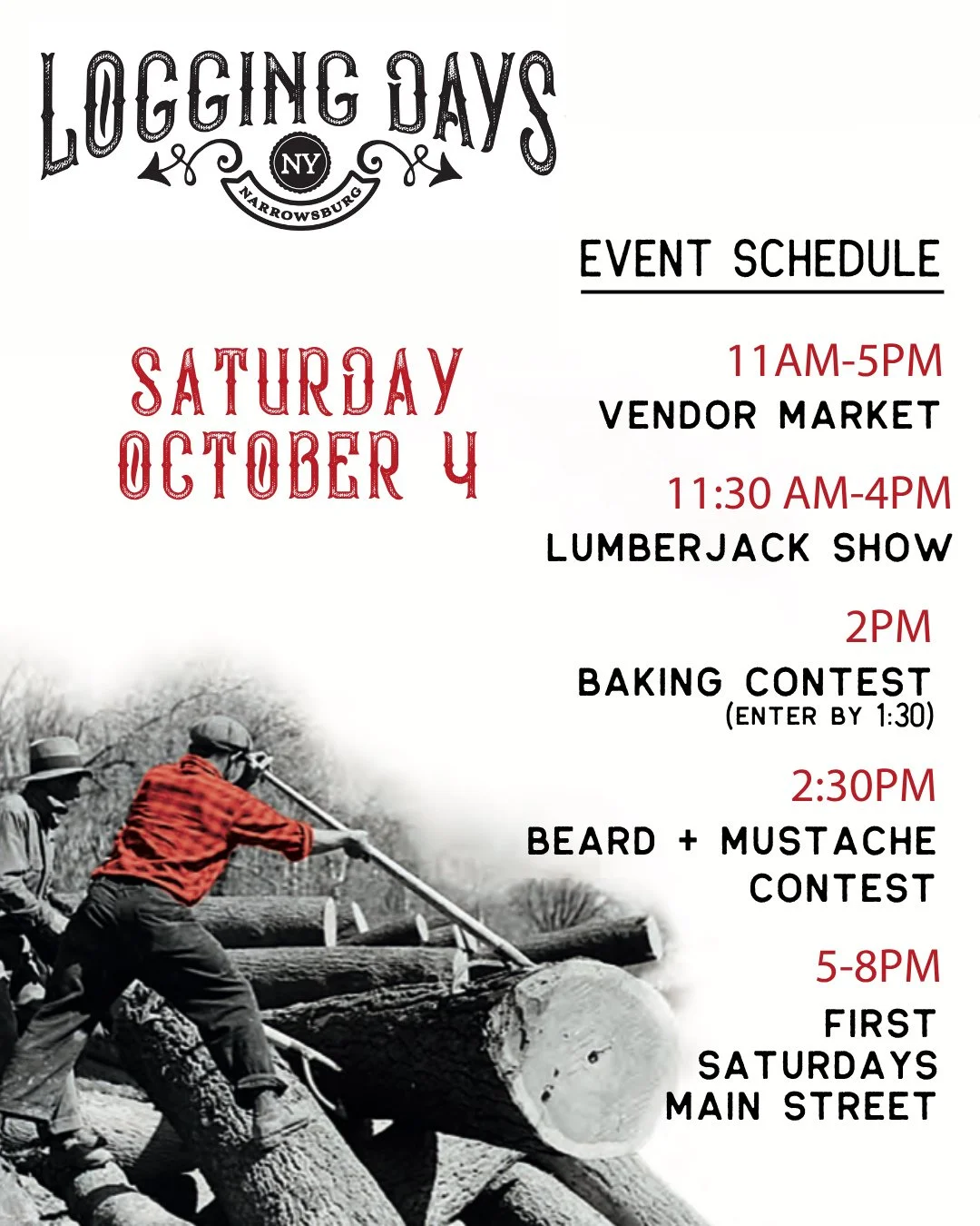 🎉 Ready for a full day of fun? Here&rsquo;s what&rsquo;s happening at Narrowsburg Logging Days this Saturday, Oct 4!⁠
⁠
ALL DAY⁠
🪓Lumberjack Competitions ⁠⁠
⁠⁠⁠
🍺 Food + Vendor Market⁠⁠
⁠⁠
2PM⁠⁠
🍪 Baking Contest winner announced ⁠⁠
(tasty samples