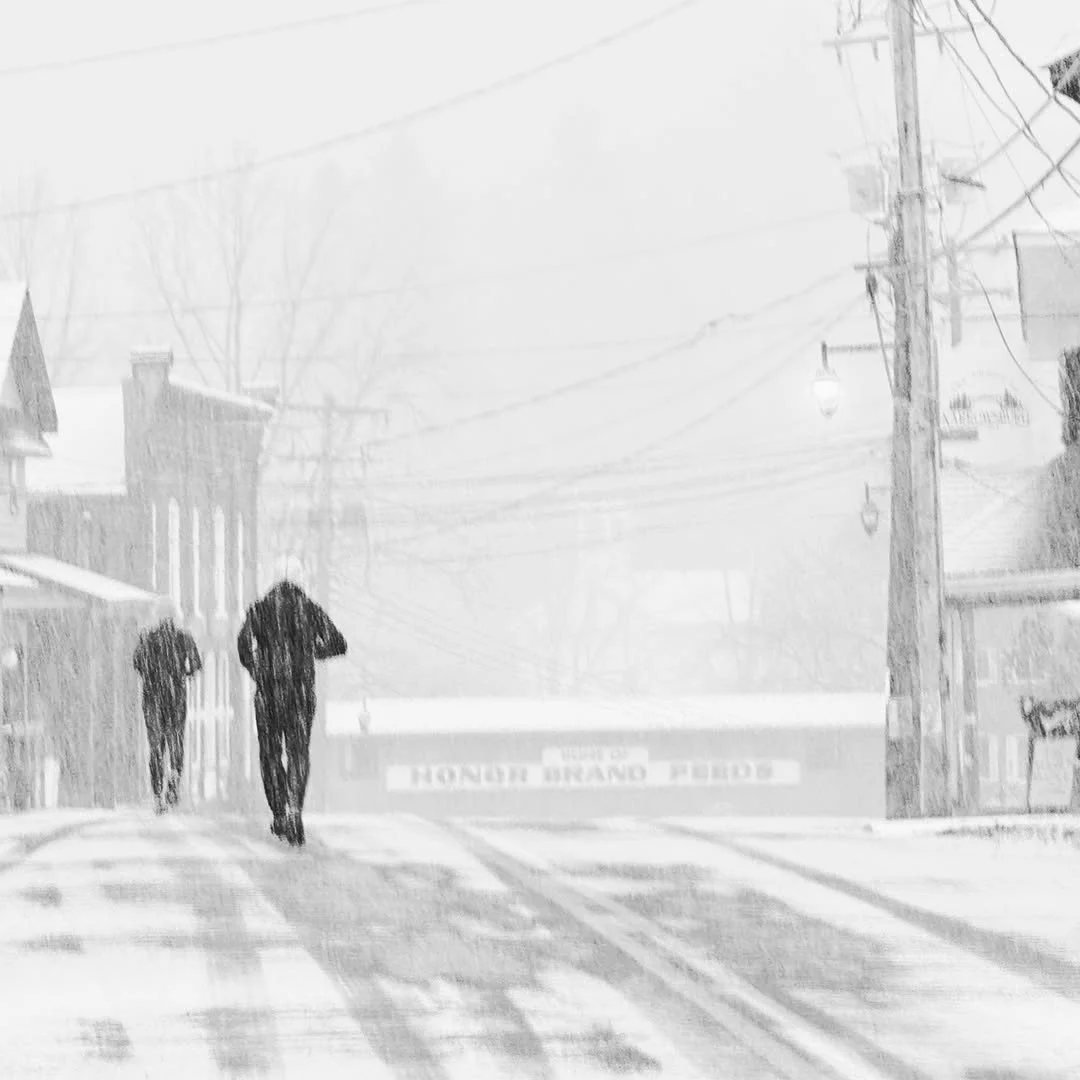 Narrowsburg, in Black &amp; White. People out and about, moving through the season together. ❄️🖤⁠
⁠
📷️ @jriffeyphotog⁠
⁠
#NarrowsburgNY⁠
⁠