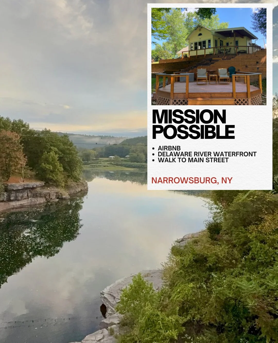 🏡 Mission Possible &ndash; Your Luxe Delaware River Escape ✨⁠
⁠
Unwind at @missionpossibleny with 180&deg; river views, spa-like comforts, and a front-row seat to nature in #NarrowsburgNY.⁠
⁠
🍹 Sip &amp; Relax &ndash; Cocktails on the deck with the
