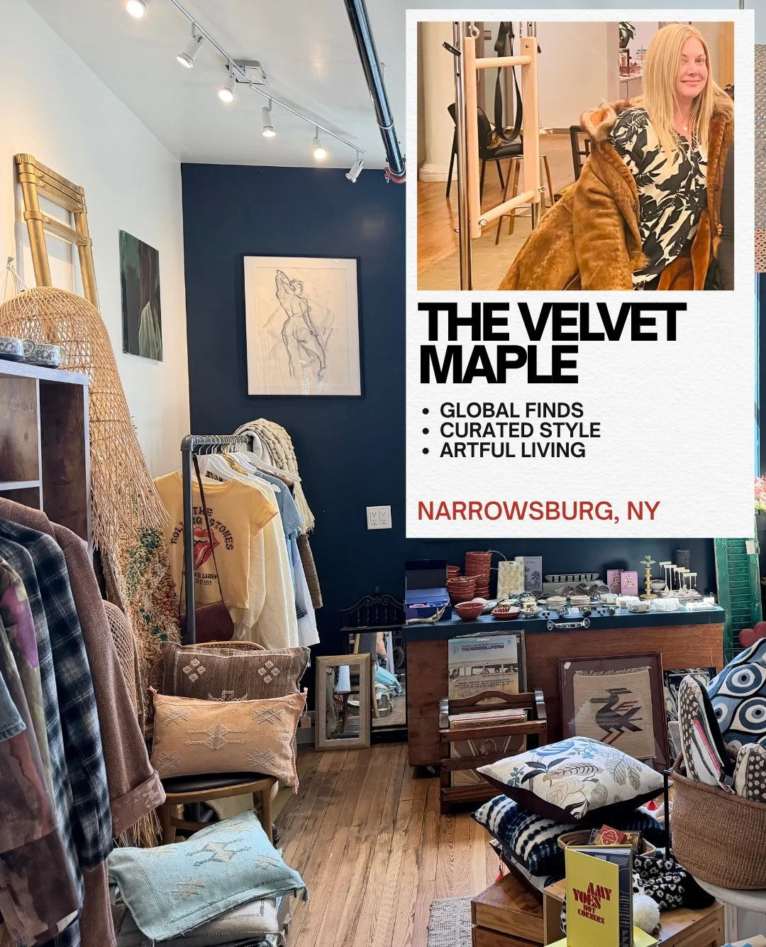 🌿 Member Spotlight: The Velvet Maple 🌿⁠
⁠
This season, be sure to visit The Velvet Maple, a thoughtfully curated lifestyle shop owned by interior designer Alessandra, now conveniently located inside Two Queens Coffee at 90 Main Street in Narrowsbur