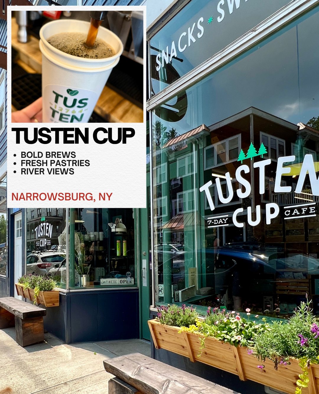 Narrowsburg ❤️ The Tusten Cup⁠
⁠
☕️ Spring mornings start better at The Tusten Cup. From espresso drinks and fresh pastries to stacked breakfast sandwiches, lunch favorites, and sweet little surprises, this Main Street gem has you covered. 🍰✨⁠
⁠
🌿 