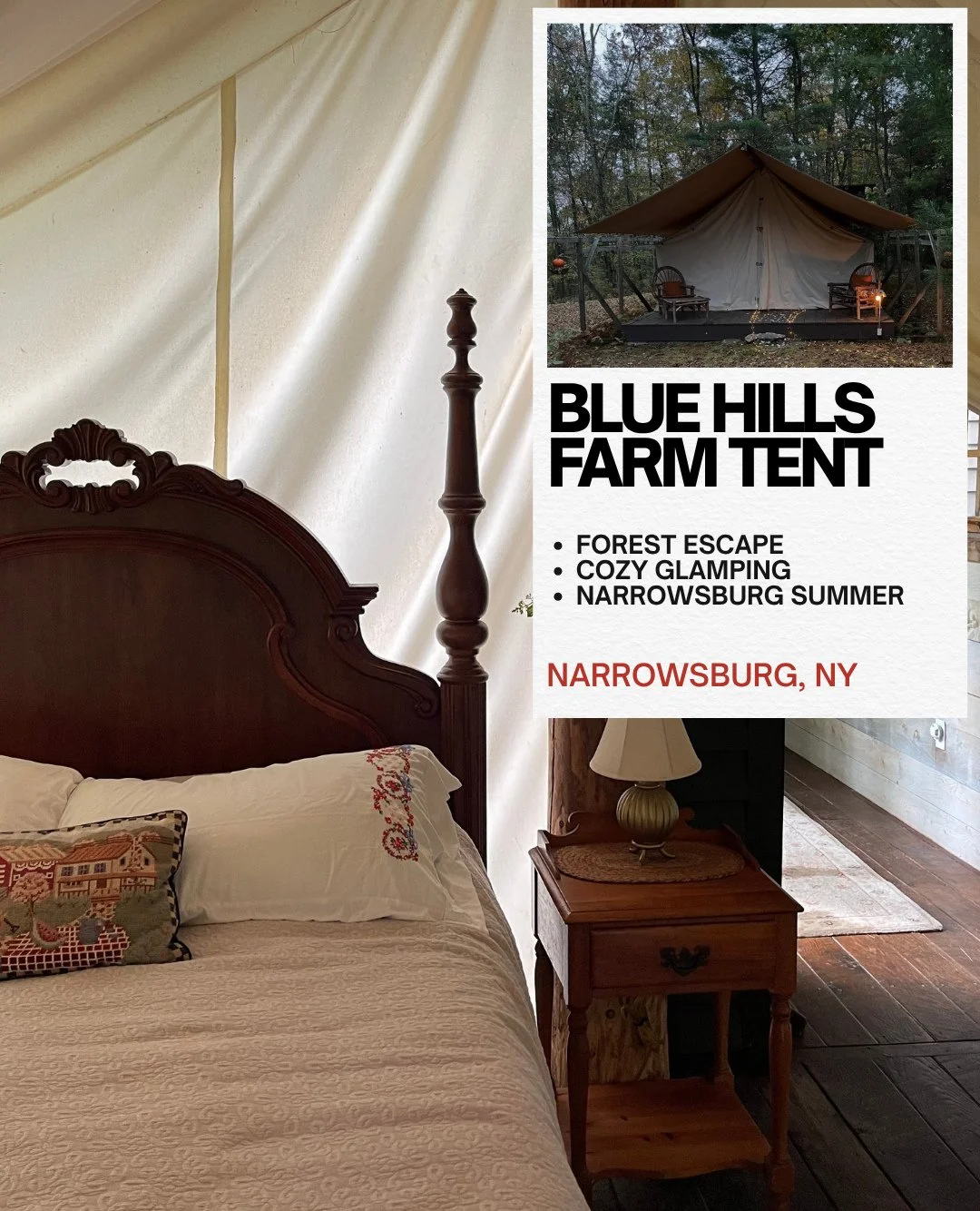 Summer in Narrowsburg is almost here 🌿⁠
⁠
Looking for something a little different?⁠
Go glamping at Blue Hills Farm ✨ @bluehillsfarmtent⁠
⁠
Just off Route 97, down a fern-lined drive, there&rsquo;s a single tent tucked into the woods&mdash;quiet, pr
