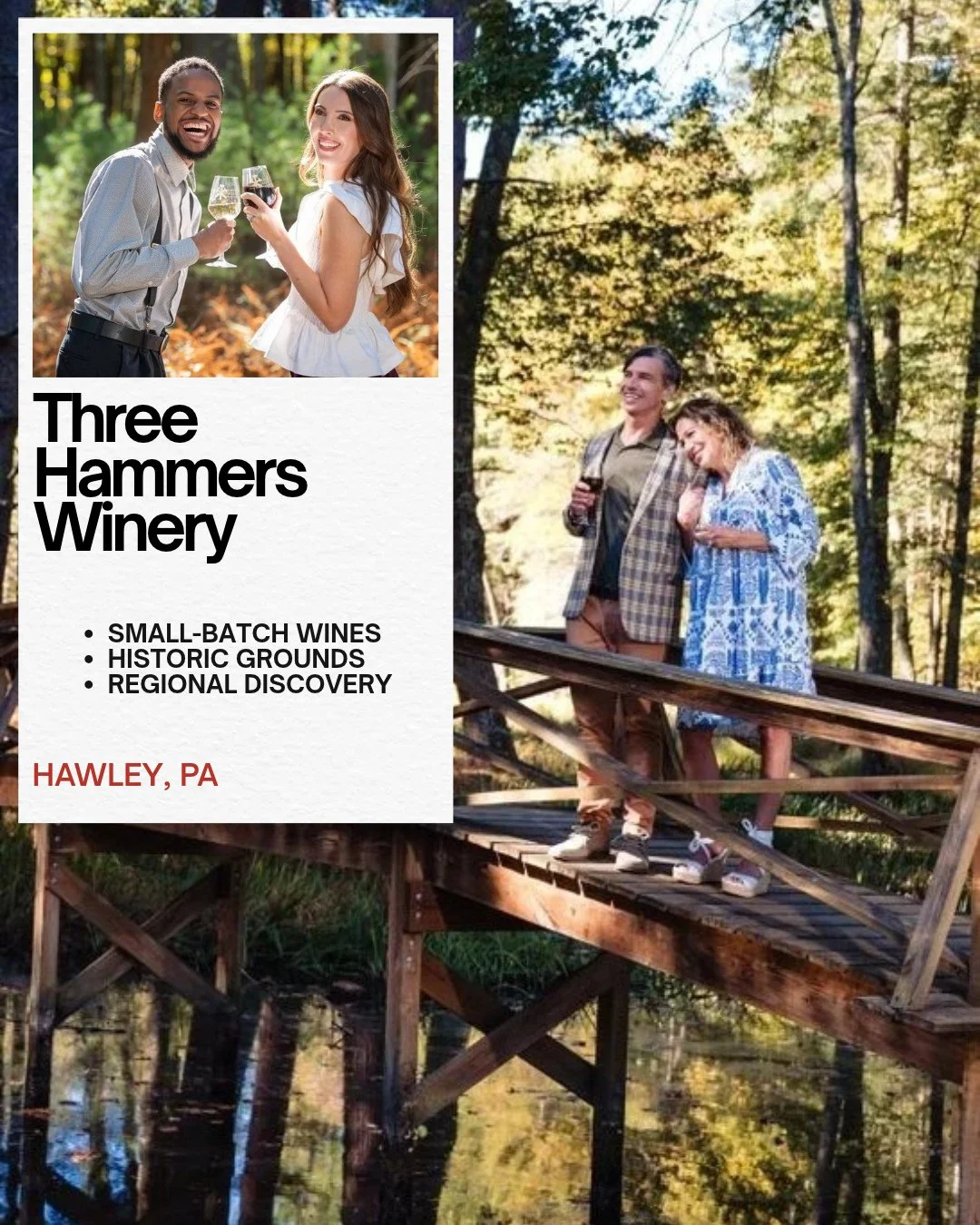 🍷 A little wine-country exploring, just across the river in Hawley, PA!⁠
⁠
Three Hammers Winery is a great addition to your list of regional spots to discover. Set on historic grounds, the winery crafts small-lot, dry-style wines and offers tastings