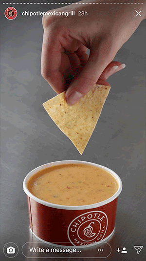 To launch queso, we created the longest Instagram Story possible, a 100-frame story of a chip slowly dipping into a cup of queso.