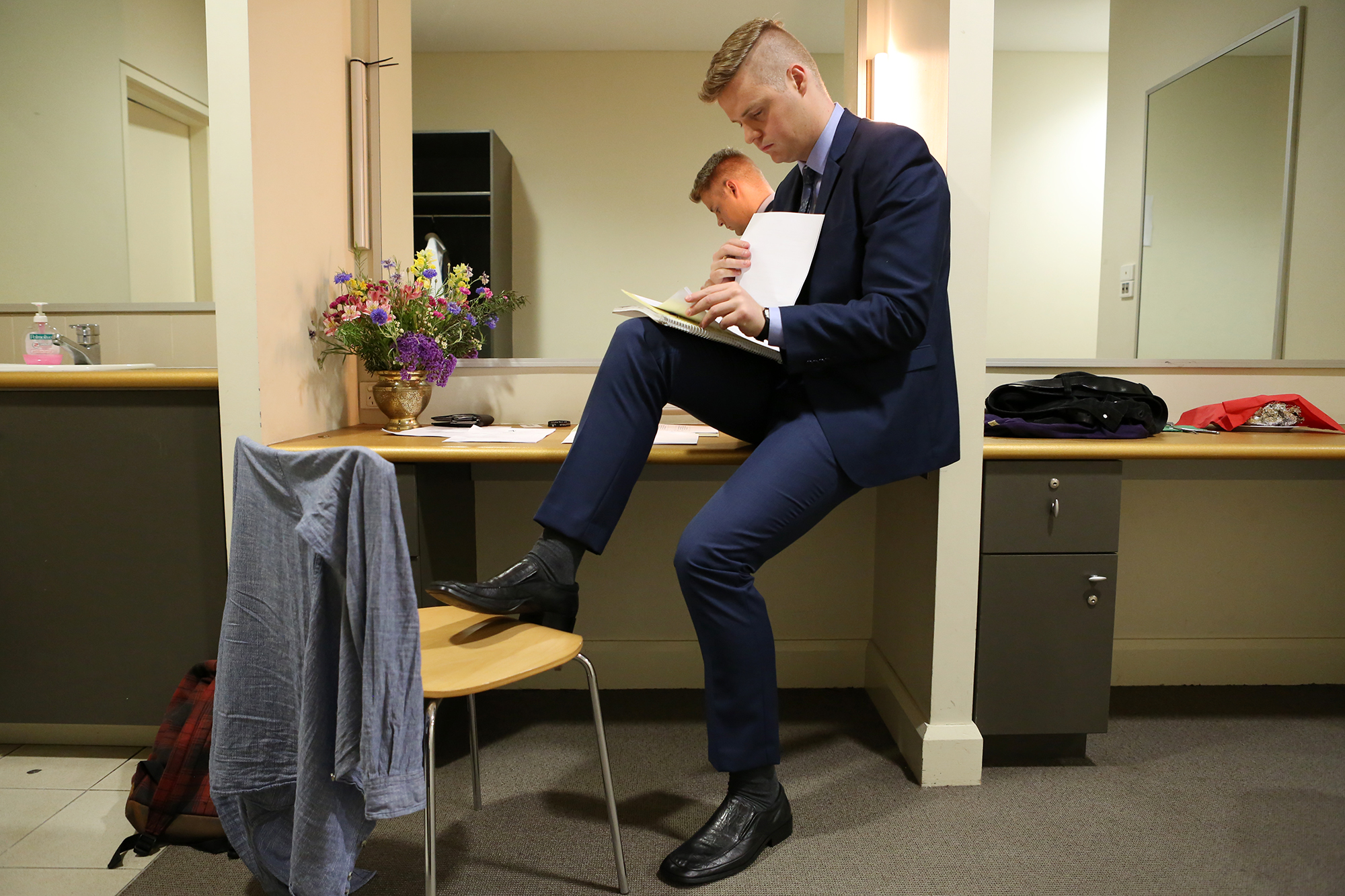 Australian comedian and commentator Tom Ballard preparing backstage before hosting ABC’s Q&A program.