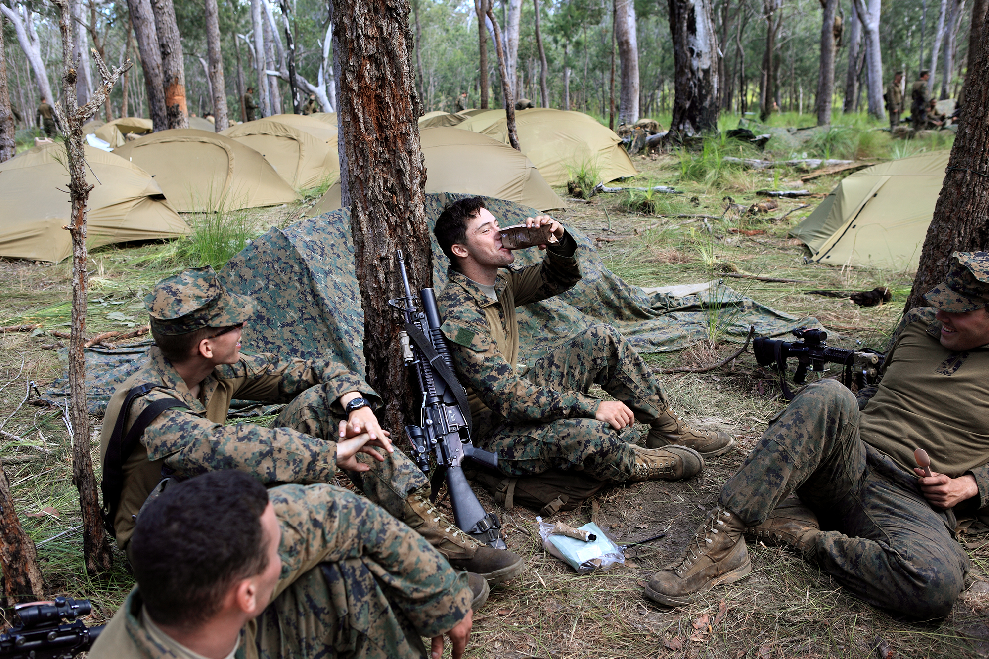 US Marine Corps taking a break from military exercises at Shoalwater Bay.