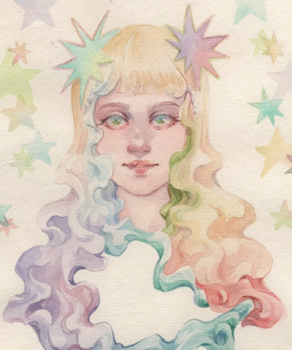 Happy New Years my friends!

I don't usually watercolor on super tinted paper but I kinda like the vintage look. Also return of the rainbow hair! One of my favorite things ahahaha I think I have a lot of favorite things, sorry