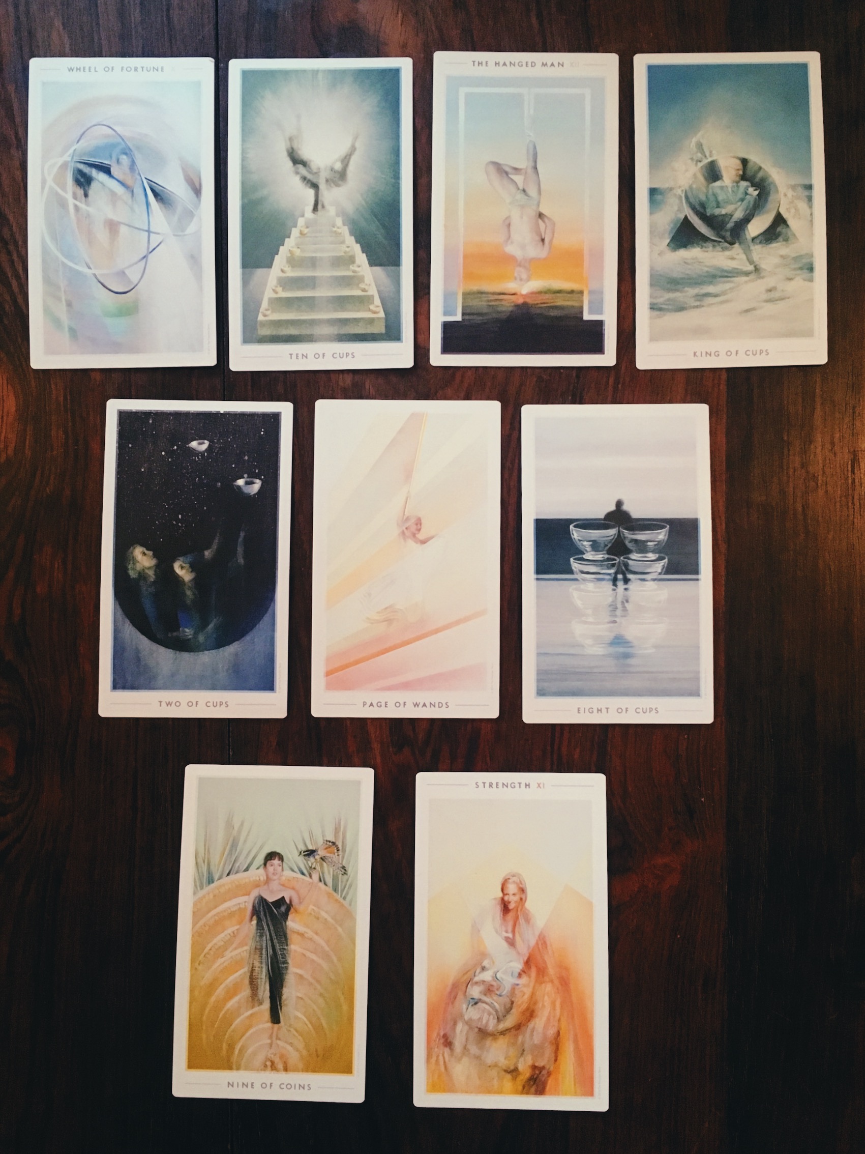 the reading I received almost a year ago with nine of pentacles, strength, and eight of cups all making an appearance!