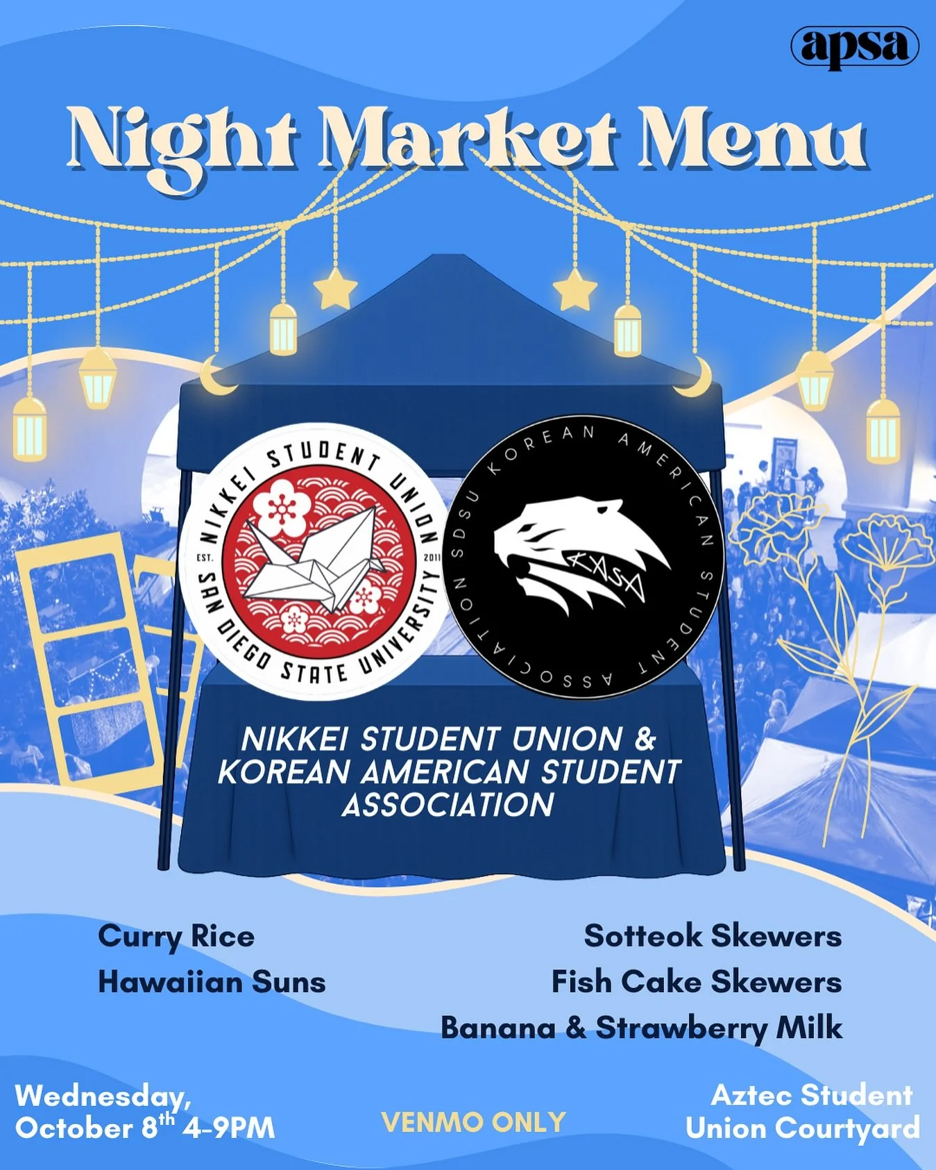 Introducing NSU and KASA, who will be at our night market and sharing the same booth on October 8th✨! Check out their menus! @sdsu_nsu @sdsukasa