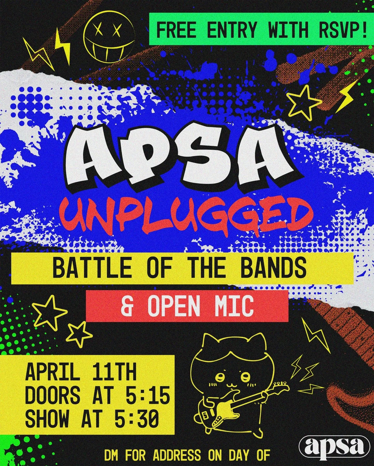 Got a musical talent you want to show off? Well you can do it at ✨⚡APSA Unplugged! ⚡✨

APSA Unplugged is a 🎸Battle of the Bands/🎤Open Mic event, that gives APSA members an opportunity to showcase their talent at a house show near SDSU's campus.

Th